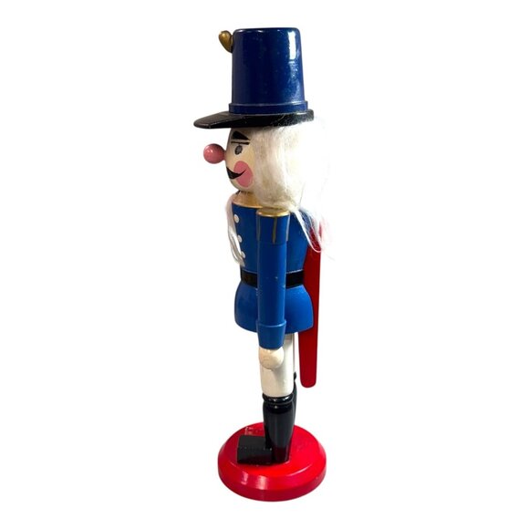 Vintage Wooden Blue Toy Soldier Nutcracker Red Base & Hat Christmas Holiday READ - Picture 8 of 9
